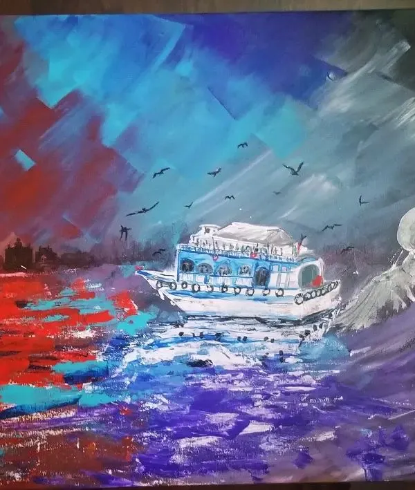 An expressive acrylic painting on canvas. This piece shows a powerful contrast between warm and cool colours to create a dramatic sea storm.