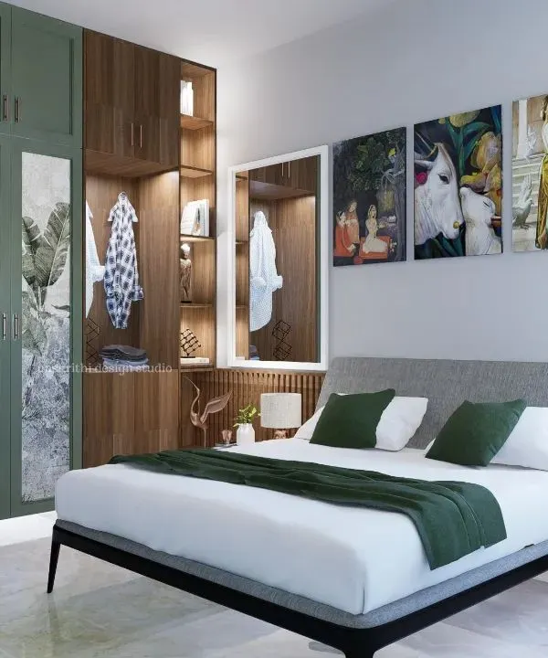 Your bedroom should feel like your own little corner of the world. In this design, we used a custom-printed wardrobe and a walk-in closet niche to reflect the user's style. The olive green and wood tones create a calm, earthy environment that feels personal and comfortable.