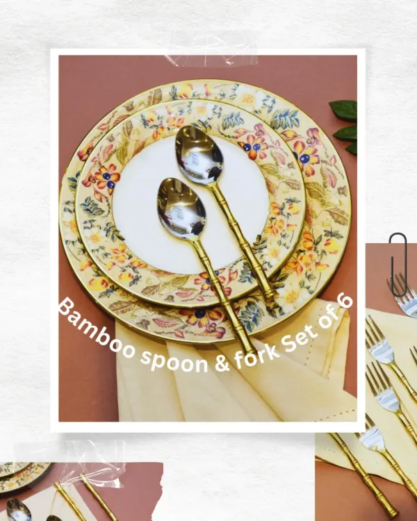 A beautiful set of my bamboo-inspired spoons and forks. The gold-finish handles add a touch of nature-inspired elegance to your dining table, perfect for a themed lunch or dinner.