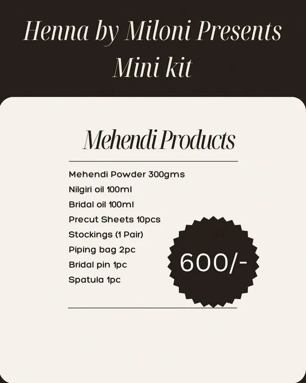 For all the aspiring artists and DIY lovers, here is my Mini Mehendi Kit. It includes everything I use myself: my signature henna powder, oils, cellophane sheets, and all the tools you need to start creating.