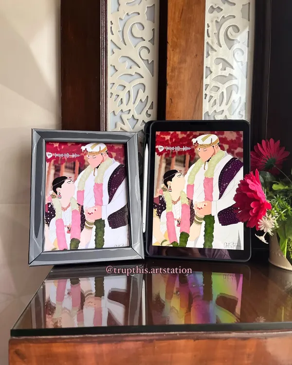 Here you can see the side by side comparison of my digital illustration on an iPad and the final product: a beautiful 6x8 inch framed print. This piece captures a traditional wedding moment with minimalist detail.