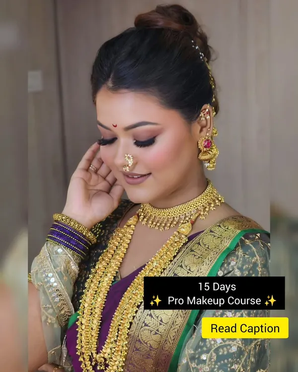 A closer look at the classic Maharashtrian bridal makeup you will learn to create. We focus on details like the traditional bindi, the right eyeshadow tones for gold jewelry, and creating a look that lasts through a long wedding day.