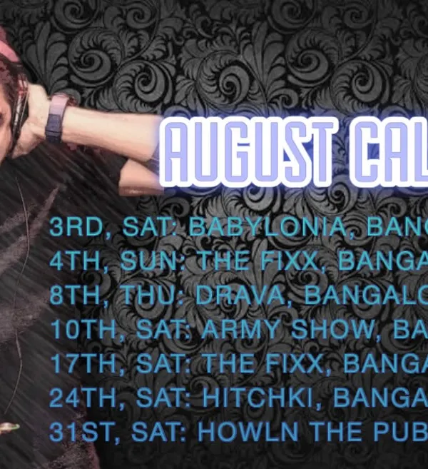 My gig calendar for a packed August. This shows the variety of venues I play at, from Babylonia to The Fixx and Howln The Pub.
