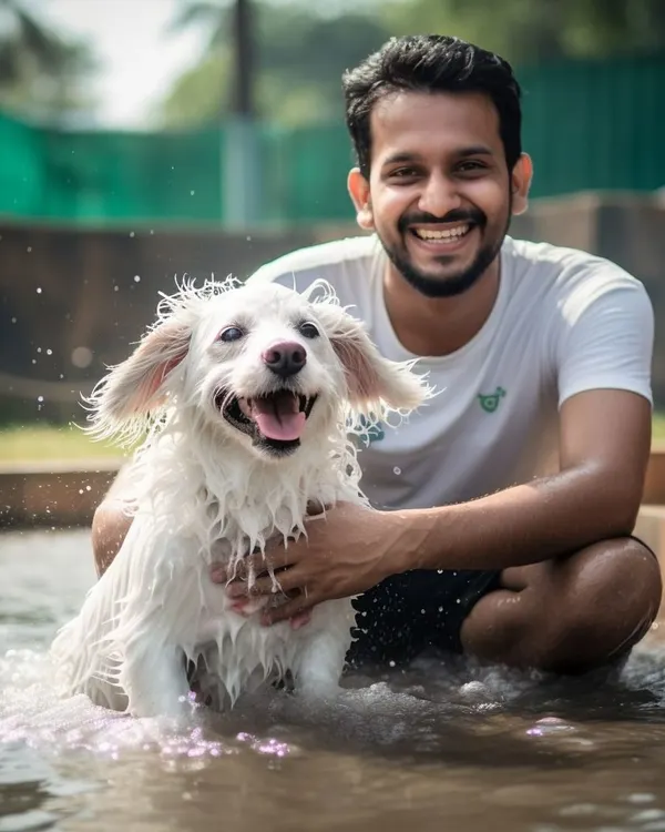This is what a happy bath looks like! Here in our outdoor splash pool, we turn cleaning into playtime, making sure every dog, like this happy boy, has the best time.