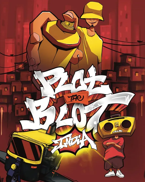 The full poster illustration for the 'Plot the Blot' hip hop festival concept. It features my custom graffiti lettering, original characters like the boombox head, and a background that captures the vibe of Mumbai's streets.