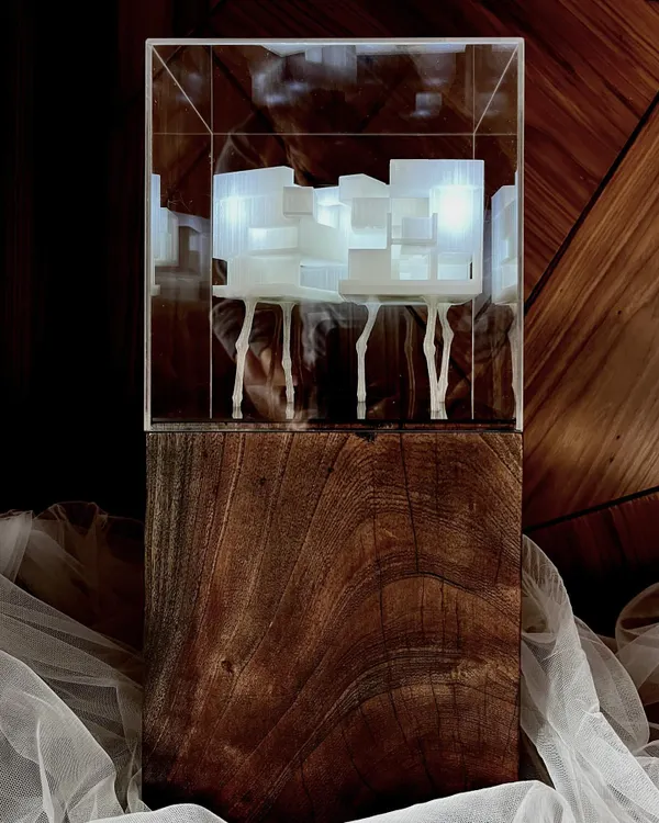 A 3D printed model of the 'Tetris' house concept, internally lit and displayed on a wooden pedestal. This physical model helps to understand the complex spatial relationships and the play of light.