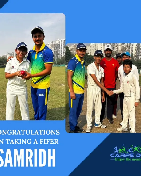 We celebrate individual brilliance. Here, a coach congratulates Samridh for taking a fifer, a massive achievement for any bowler. We are proud to see our young talent shine and grow with every match.