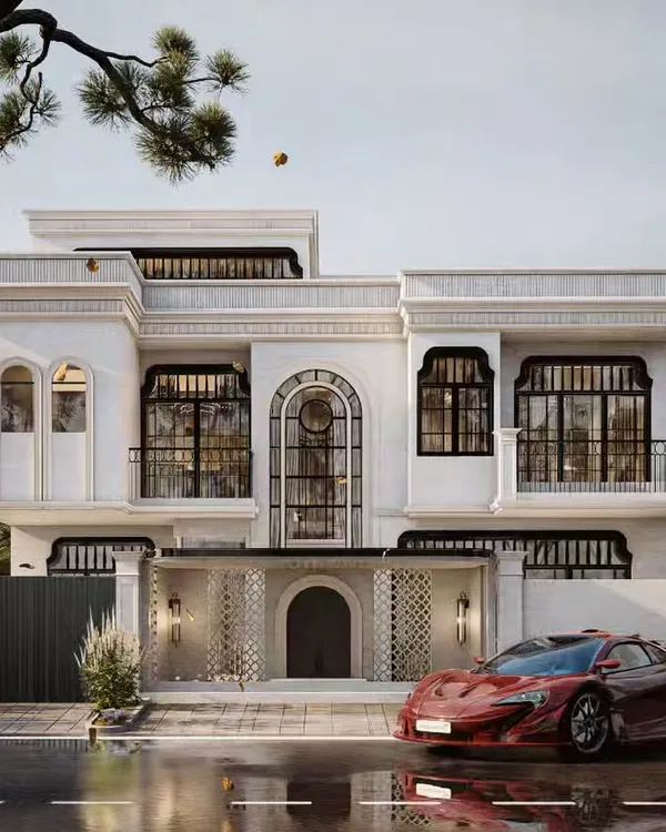 This visualization of a modern neoclassical villa showcases our ability to render intricate architectural details and luxurious finishes. The scene is set with dramatic lighting and a high-end vehicle to create a powerful, aspirational image for real estate marketing.