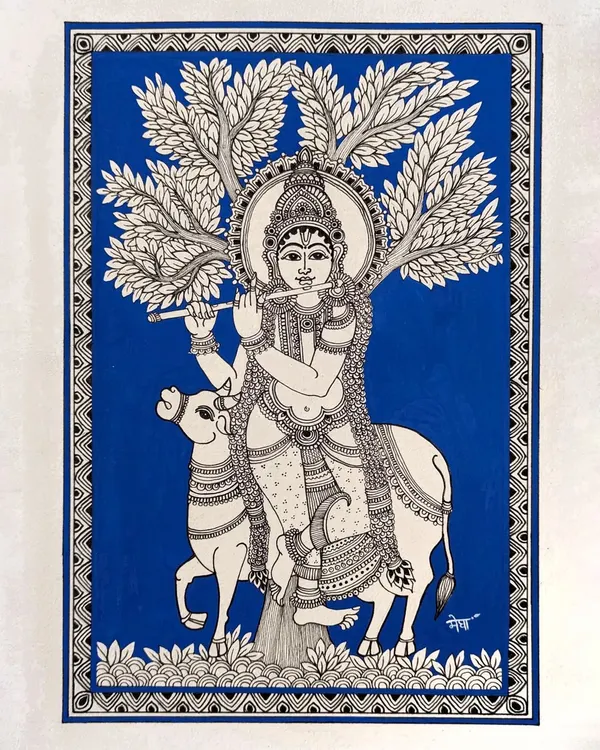A Kalamkari drawing of Lord Krishna playing his flute, with a cow by his side. The bold blue acrylic background makes the detailed black and white ink work stand out, creating a modern take on a traditional style.