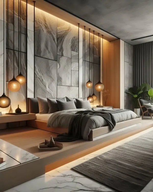 A stunning master bedroom featuring a raised platform bed with under-lighting. The dramatic stone-paneled accent wall and hanging pendant lights create a luxurious, hotel-like experience.