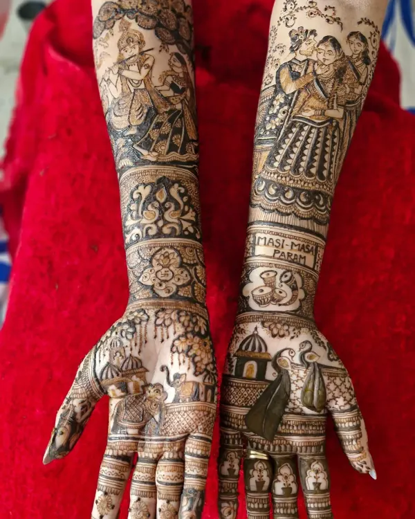 A full bridal design that combines divinity and family. One arm features a classic Radha-Krishna portrait, while the other has a custom portrait of the bride with her parents.