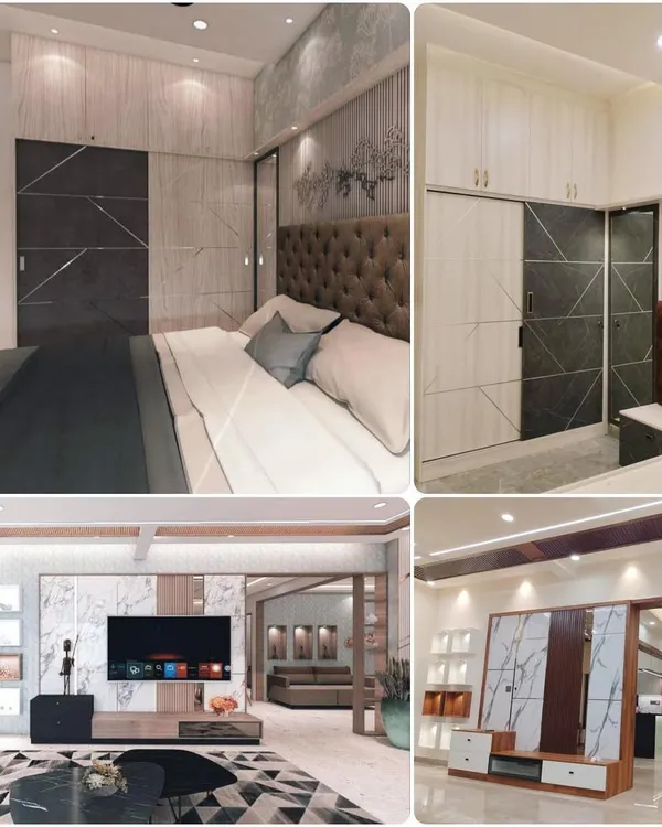 This collage perfectly illustrates our process from 3D rendering to the final on-site execution. It shows how we take great care to deliver exactly what we designed, meeting our customer's expectations for their bedroom and TV unit.