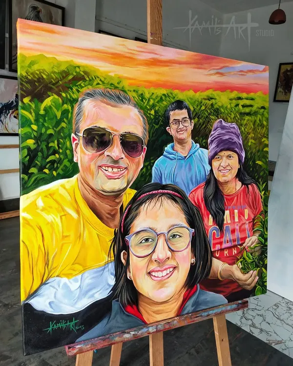 This 30x30 inch acrylic on canvas painting turns a family selfie into a lasting piece of art, capturing a fun memory in a vibrant, colorful style.
