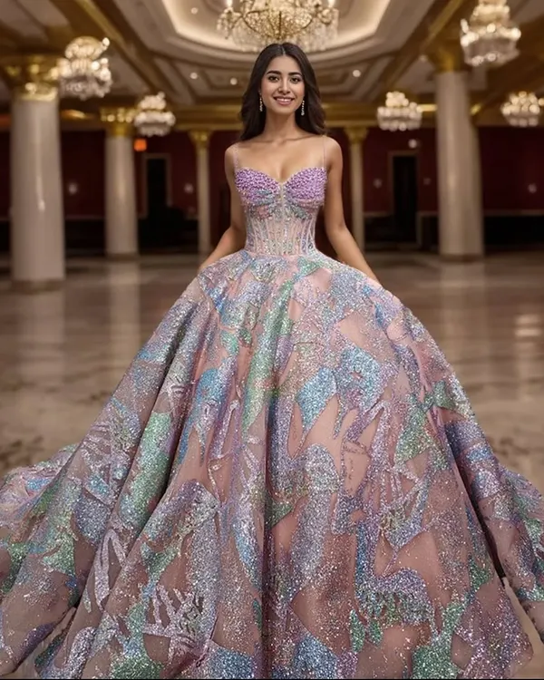 This is the ultimate princess moment. A magnificent ball gown with a voluminous skirt covered in iridescent, multi-colored glitter that catches the light from every angle. The structured sweetheart bodice provides a classic, flattering silhouette, perfect for a grand entrance at your engagement or reception.
