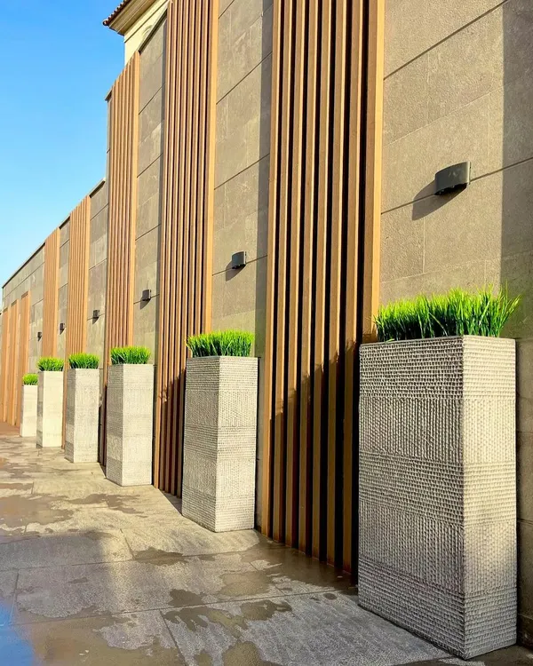 This image showcases a captive landscape design where tall, modern planters with vibrant green grass create a clean, elegant border against a wood-paneled wall.
