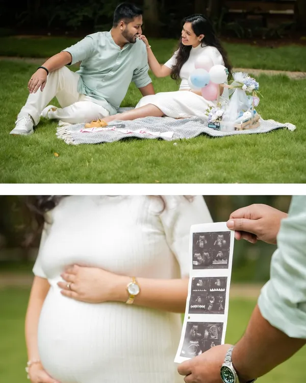 A collage showing a couple's picnic and a close-up of them holding their baby's ultrasound scan pictures, connecting the before and after.