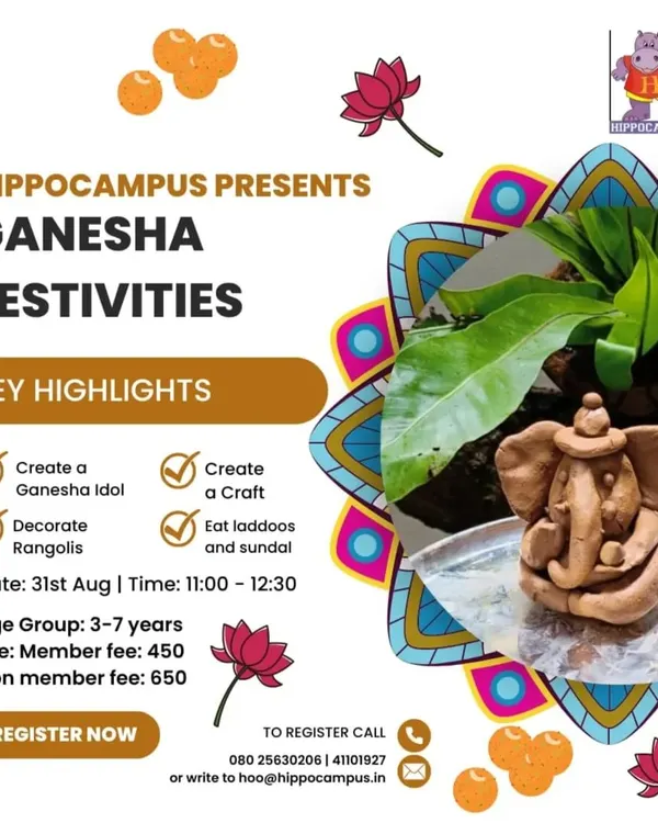 Let's celebrate Ganesha! Join us to create your own Ganesha idol from clay, decorate beautiful rangolis, and eat yummy laddoos. It's a festival of creativity and fun.
