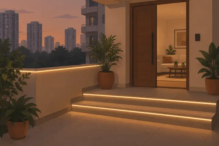 An illustration of a rope light: a smooth unbroken warm line of light along the edges of front steps and a low parapet at dusk