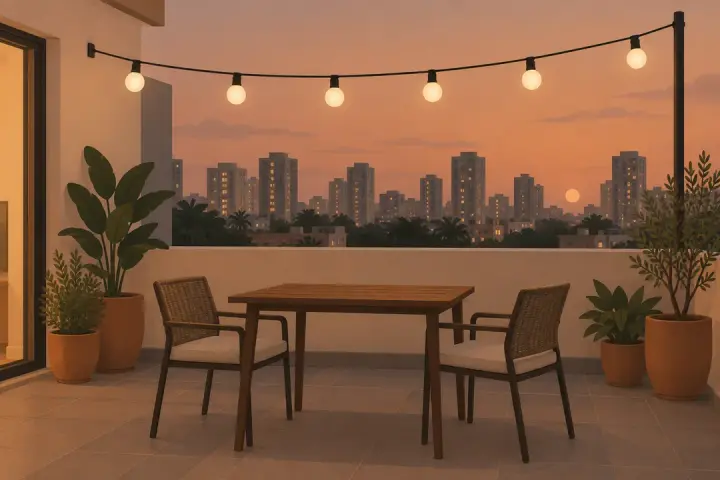 An illustration of a big-bulb string: large round warm bulbs on a black cable strung over a terrace table and two chairs at dusk