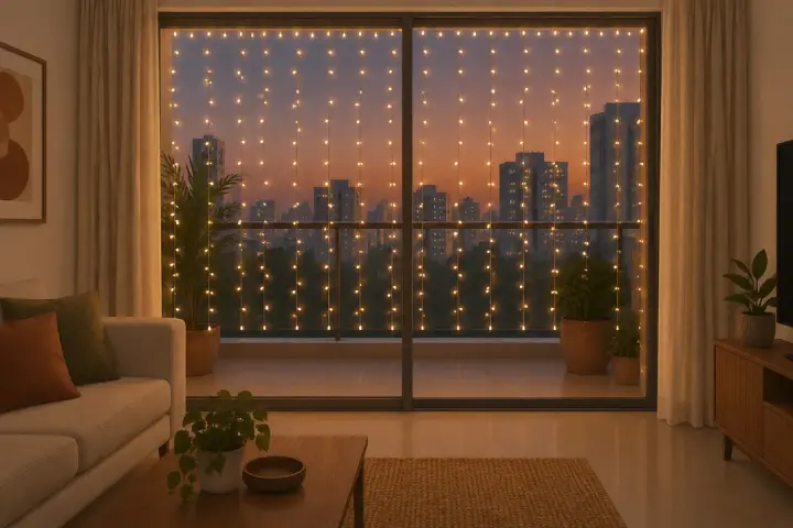 An illustration of a curtain light: many short strings of tiny warm-white bulbs hanging side by side across a balcony's glass door, seen from inside a flat
