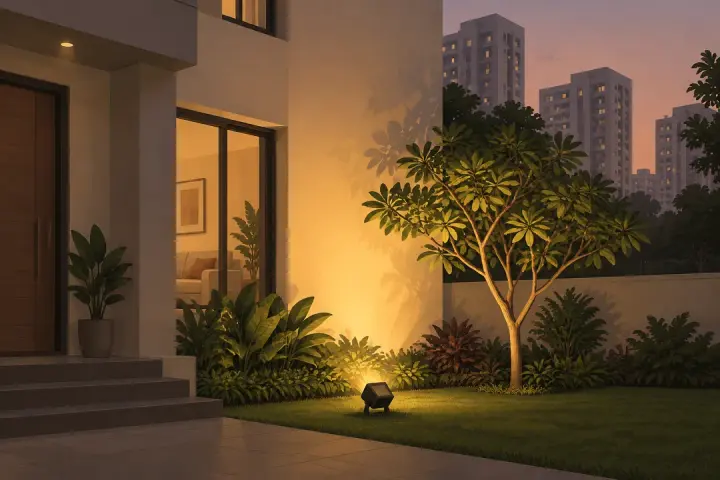 An illustration of a floodlight on a small stand in a front garden at dusk, washing a wall and a tree with a warm glow