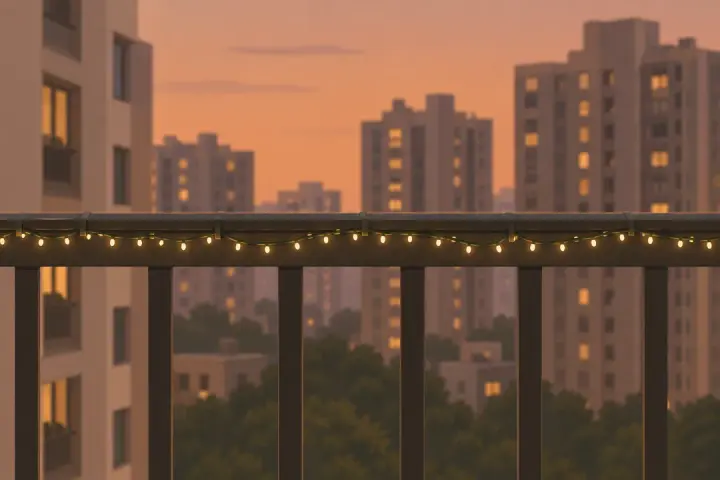An illustration of a steel balcony railing at dusk with one string of tiny warm-white rice lights clipped along the top rail