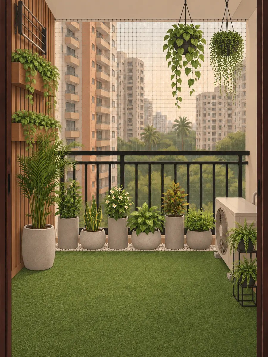 The same balcony with artificial grass over the floor, a wooden slat panel on the left wall with two planter boxes of trailing plants, and the drying rack folded flat against the panel