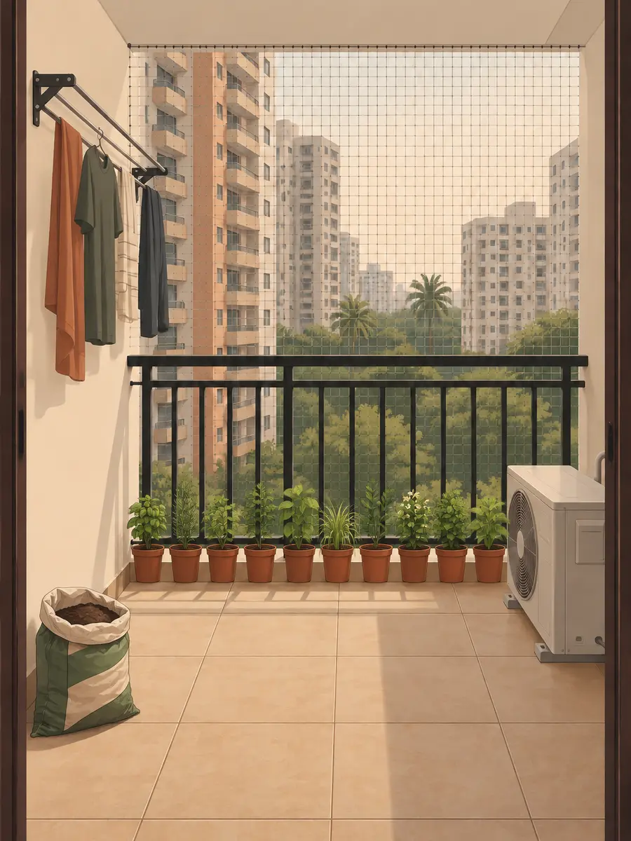 The same balcony with small plants in pots in a row along the foot of the railing and a bag of potting mix by the door