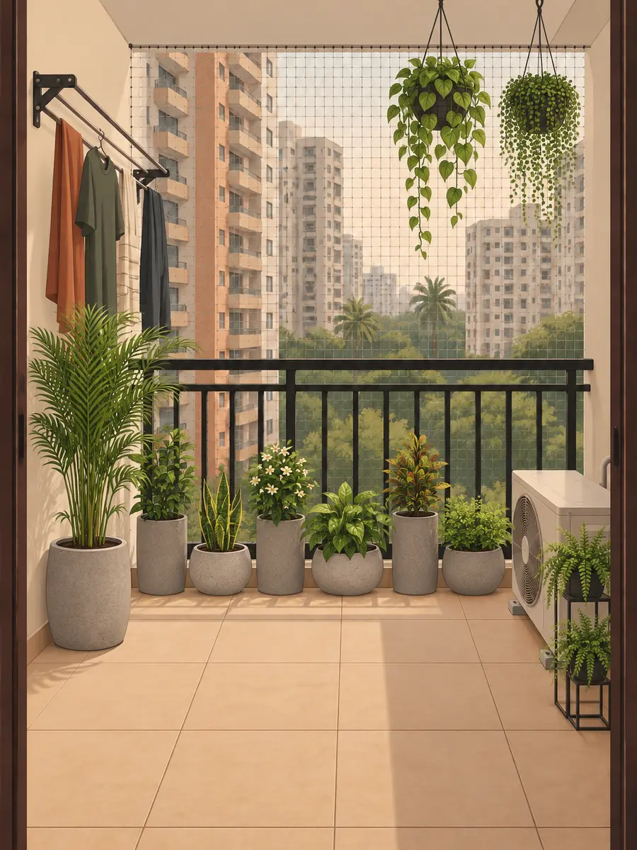 The same balcony with seven larger planters along the railing, a tall areca palm under the drying rack, ferns on two black metal stands and two hanging baskets from the ceiling