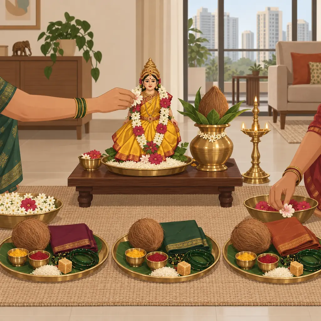 An illustration of Gowri pooja in a flat: a small idol of the goddess in a yellow sari and flower garland on a brass plate of rice on a low plank, a brass kalash with mango leaves and a coconut, a tall brass lamp, and three bagina plates in front, each with a coconut, a folded blouse piece, green bangles, black beads, turmeric, kumkum, rice and jaggery, as two women's hands add flowers