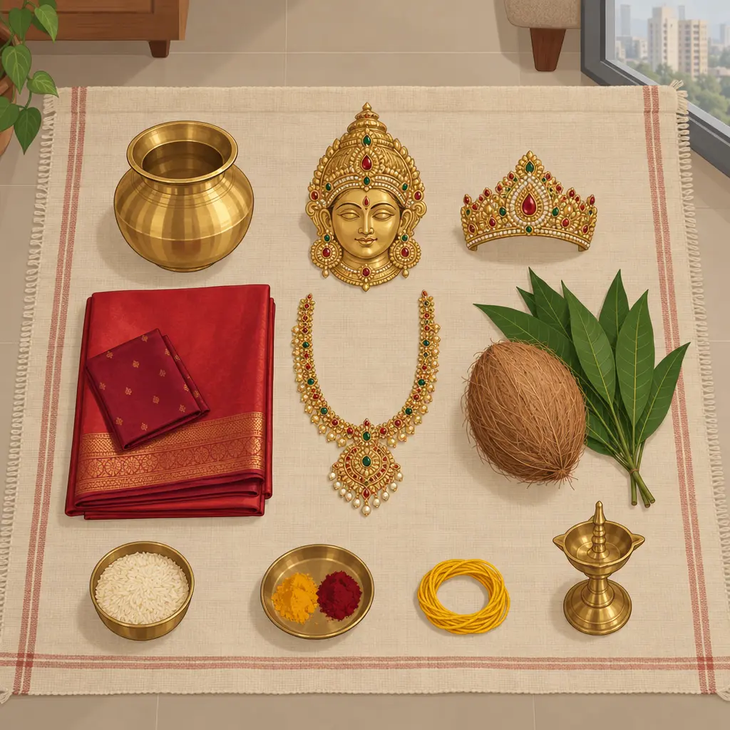 An illustration of a flat-lay on a cotton mat: a brass pot, a brass Lakshmi face, a stone-set crown, a red saree with a blouse piece, a stone-set necklace, a coconut with mango leaves, a bowl of rice, a plate of turmeric and kumkum, a coil of thread and a brass lamp
